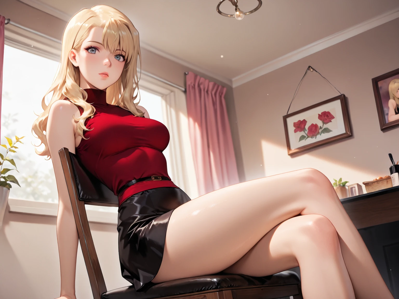 (Masterpiece:1.2), Best Quality, (illustration:1.2), (ultra detailed), hyper details, (delicate detailed), (intricate details), (cinematic light, Best Quality Backlights), Delete line, from below, soloist, perfect body, (1 girl), A young blond woman wearing a t shirt and pleated mini skirt relaxes on a sofa with her feet up watching tv with a glass of wine on a coffee table, (make up), High contrast, (better lighting, an extremely created and beautiful), (cinematic light), showy,