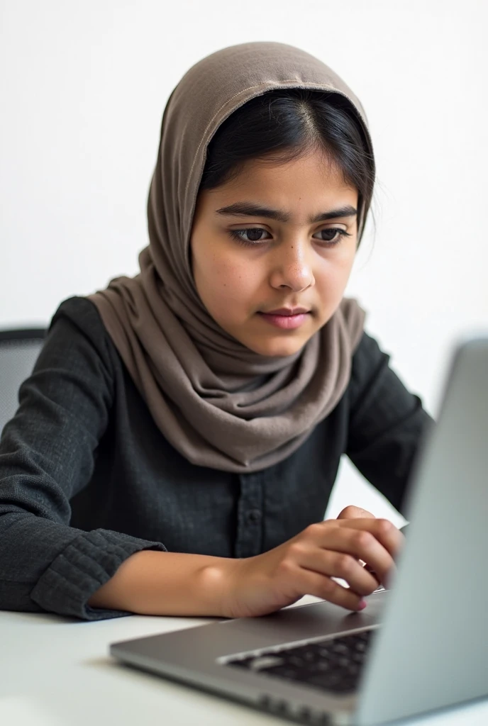 A young girl, around 8-10 years old, wearing a light-colored hijab, is sitting at a desk in a cozy, well-lit room. She is focused on a laptop in front of her, wearing headphones. The laptop screen displays an open Quran with visible Arabic verses. The girl is holding a pen, with a notebook beside her, showing she's engaged in her studies. The background includes a few simple decorations like a bookshelf with Islamic books, a soft rug, and a window letting in natural sunlight. The atmosphere is peaceful, reflecting dedication to learning.