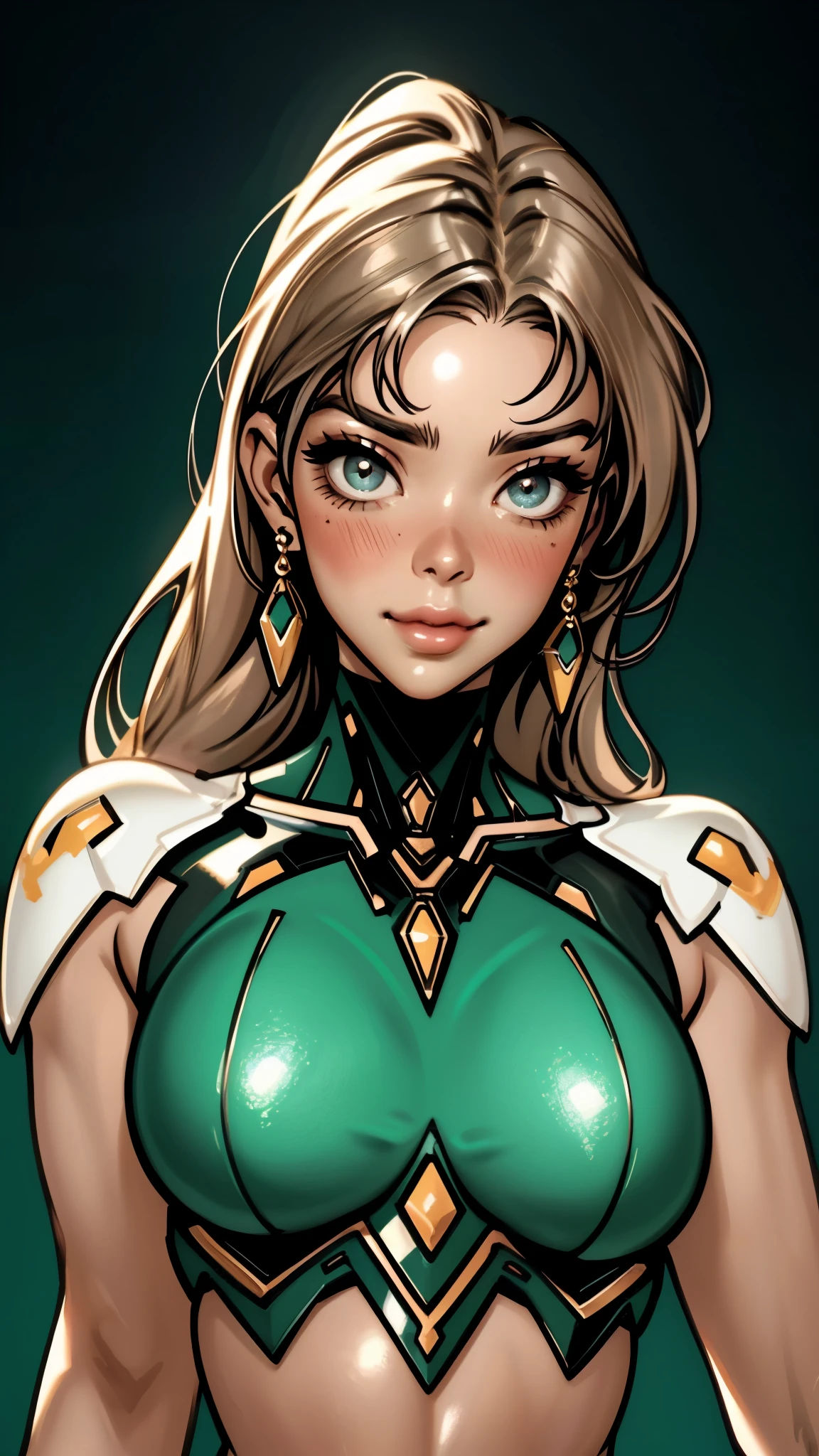 masterpiece, best quality, a beautiful woman with long shiny hair, choppy bangs, delicate face, passionate gaze, perfect smille, blush, seductive expression, tall and fit figure, perfect body, perfect skin, seductive pose, sexy Futuristic Technological Nanogel Clothing, the color scheme is primarily White with Green accents, this character embodies a finely crafted sexy beauty, exquisite and mature art style, mikoyan, anime aesthetic, simple shading, cell shading, goddess, feminine, exquisite photography, depth of field, bokeh, photorealistic, even and soft lighting on face, dramatic, high definition, highres, ultra detailed, professional photo, perfect body proportions, anatomically correct, symmetrical face, extremely detailed eyes and face, perfect eyes, high quality eyes, creativity, RAW photo, UHD, 32k, portrait lighting, cinematic lighting, (masterpiece-anatomy-perfect:1.2)