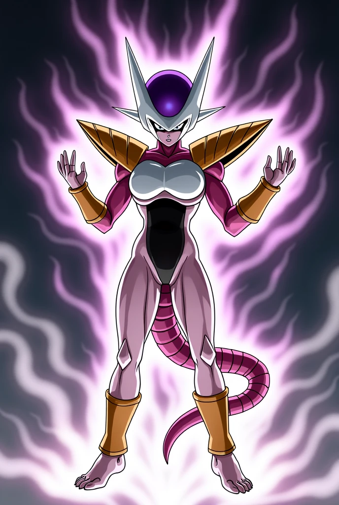 frieza from dragon ball z, frieza final form, 4k, 3d, full portrait, full view, 1girl, solo, female frieza, medium breasts, award winning image, beautiful