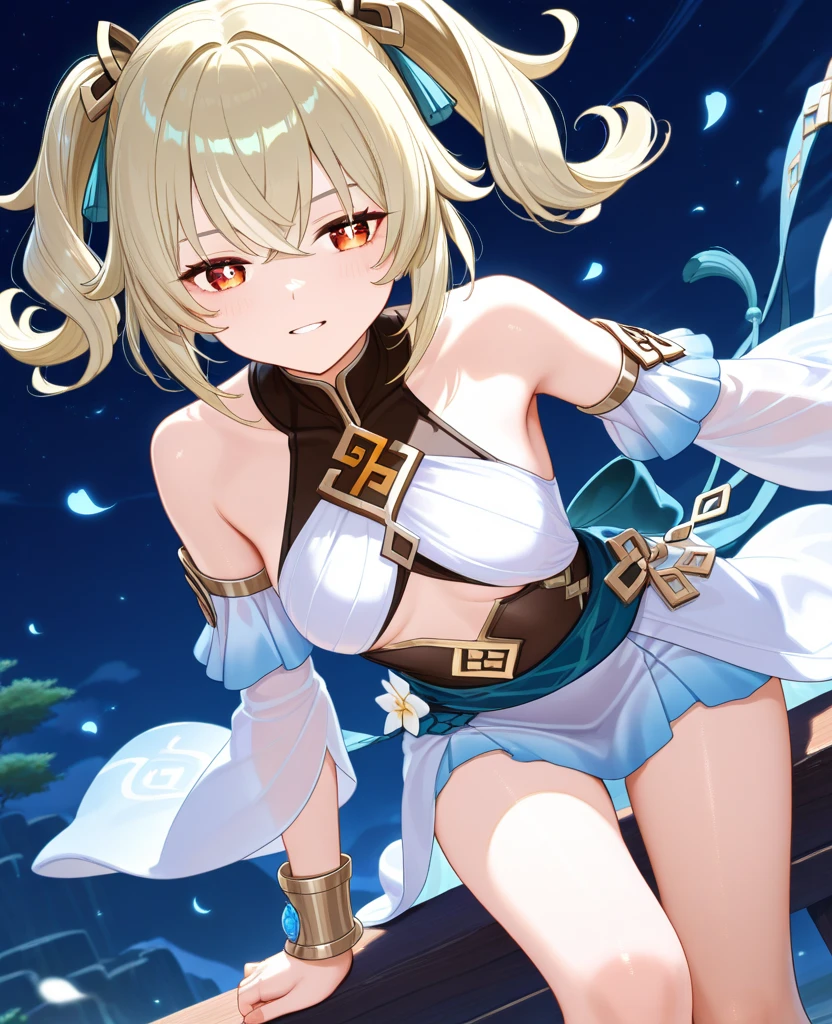 Anime school girl,showcasing large breasts and cleavage. She is standing solo in a cafe background, with a hint of blushing on her cheeks and a confident pose.Flower Fairy，Large colored wing lights，Sand grains brilliance，magic wand in hand， Body，sky sky，flight