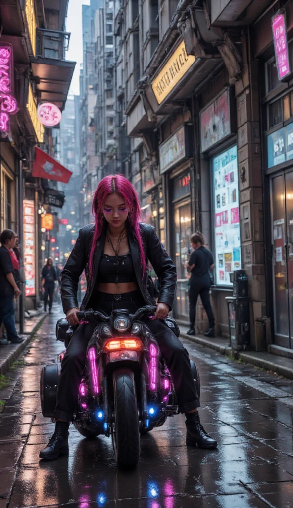 cyberpunk style city,lit with neons,a beautiful cyberpunk girl,of futuristic cyberpunk motorbike