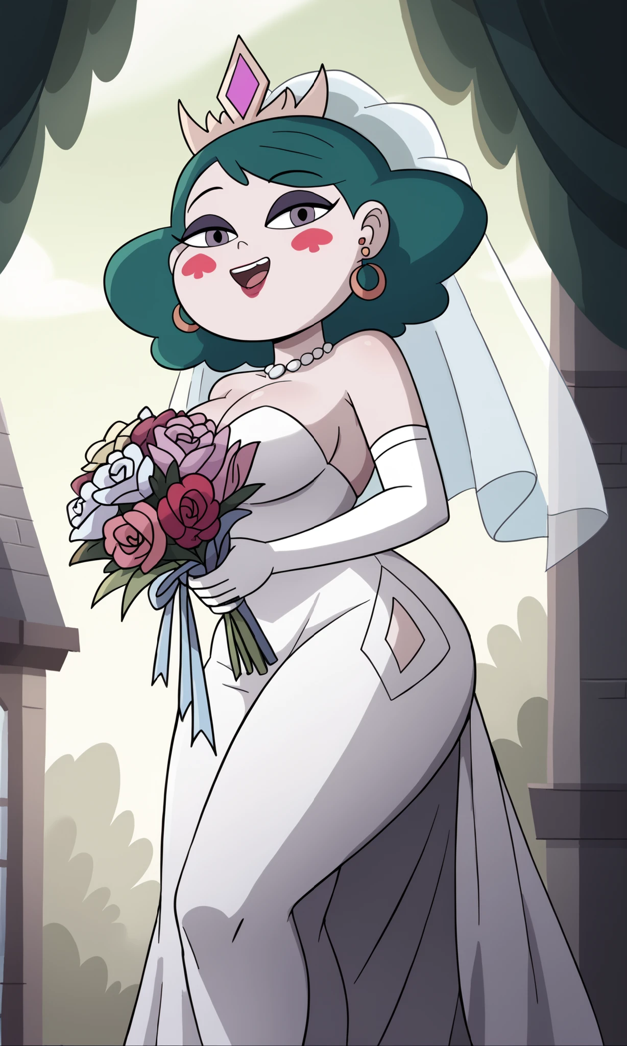 , (eclipsa butterfly) 1 girl, (from below), from side, ((focus on face)), side opening, ass visible through thighs, breasts, jewelry, solo, earrings, wedding dress, bouquet, makeup, cleavage, big breasts, smile, dress, strapless, strapless dress, open mouth, looking at viewer, eye shadow, lipstick, heart, wedding veil, wedding dress, white dress, white elbow-length gloves, white thighs, wide hips, thick thighs, outdoors, flowers,, , Eclipsa butterfly, green hair, short hair, purple eyes, blushing red stickers, perfectly round breasts, ((ransu33 art style)), perfectly round breasts, ((ransu33 art style))