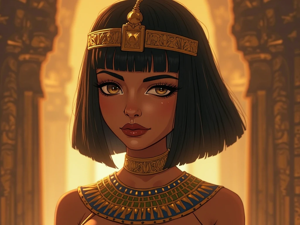 masterpiece, best quality, 1female, beautiful, face portrait, makeup, perfect fringe, straight hair, short hair, black hair, Egyptian queen, light dark skin, green eyes, colorful makeup, cleopatra, sexy