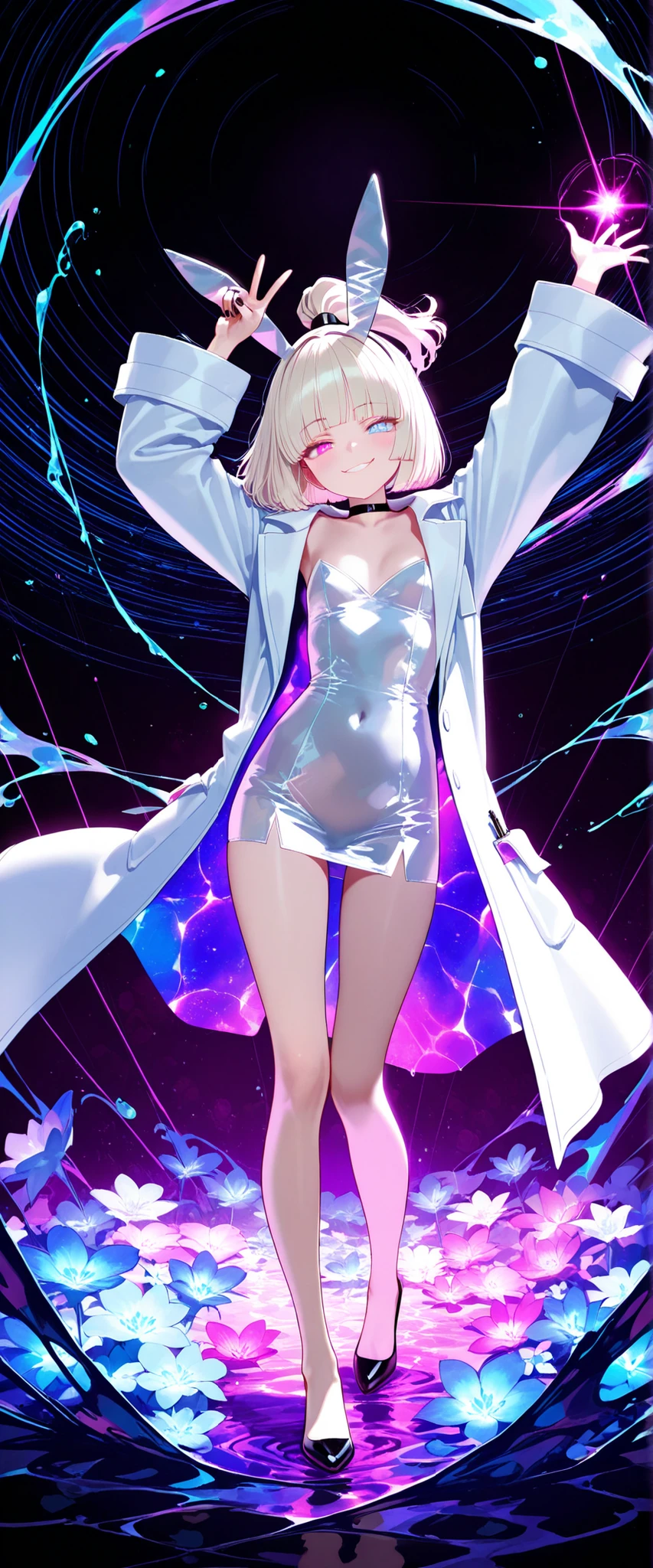 anime artwork, score_9, score_8_up, score_7_up, score_6_up, score_5_up, score_4_up, floox style    //////Himiko toga, big breasts, she is 24 years old, style_3, yellow eyes, black background, wearing only shirt, wet shirt, hard nipples, full body