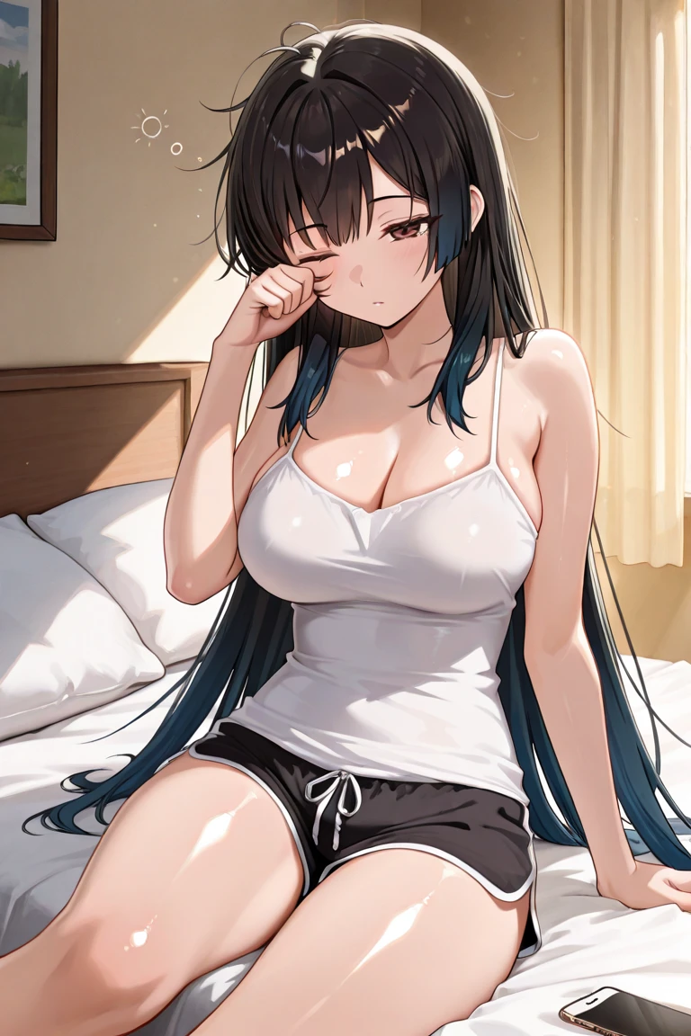(((masterpiece, Highest quality:1.5,absurdres))),nsfw,ass pov,having clothed sex,30 year old beauty,(dark blue hair),((very small head:1.2)),long hair,bangs,dark blue eyes,gorgeous eyes,blush、in heat,medium breasts,((very long body:1.3)),((toned body,slender body)),skinny,(((tan skin:1.2))),gleaming skin,shiny skin,sweat,((White turtleneck knitwear、Long sleeve、Underboob、navel、Beige shorts、Wet crotch、orgasm),White sneakers、(vagina,vagina penis),sitting,spread legs:1.2,Black sofa、Coffee shop、Tokyo、