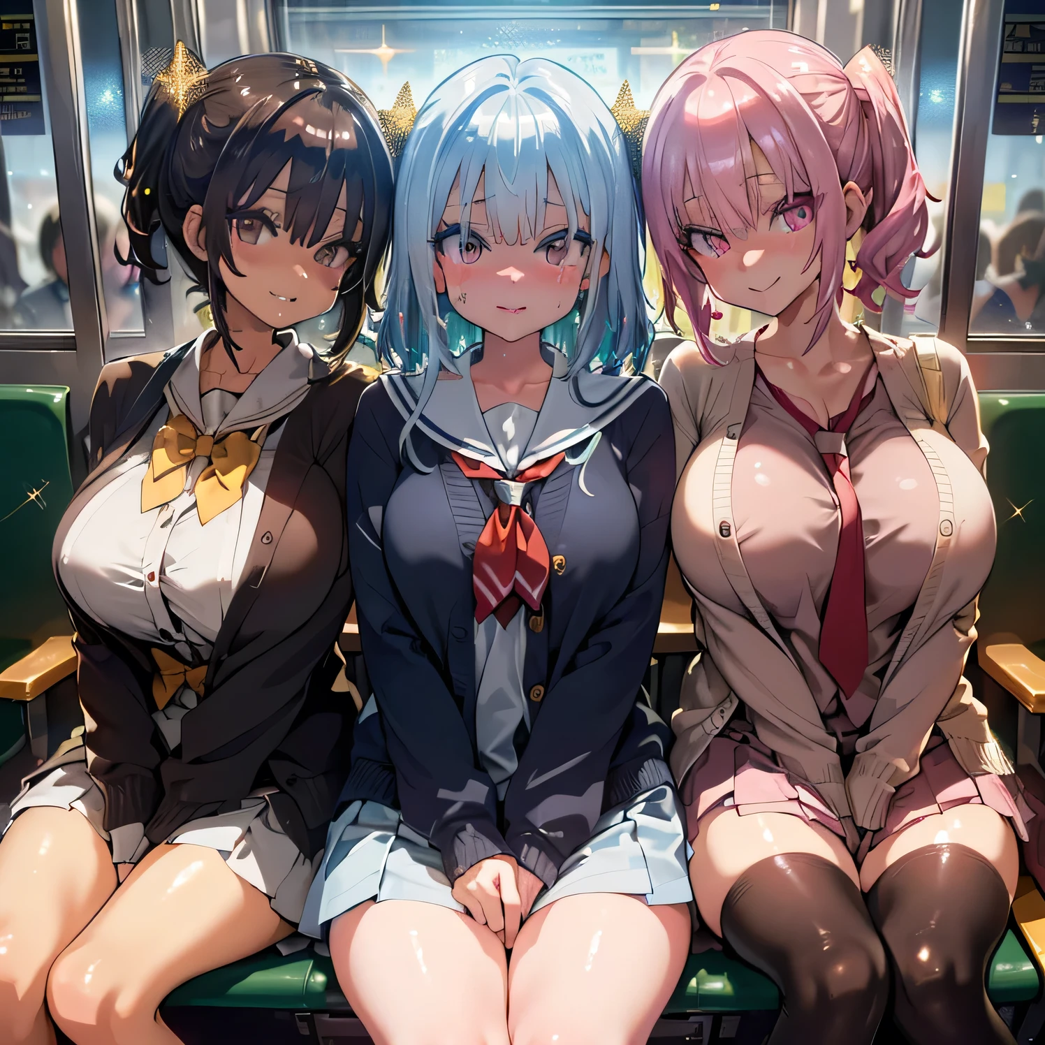 (multiple girls), (group picture), lineup, harem, multiple women, ((Highest Quality)), ((masterpiece)),(非常にdetails CG unity 8k wallpaper),{best illustration}, (((shiny skin ,very shiny skin ,,,plastic glitter 肌,exaggerated shiny skin , illuminated ))), (betterhand), high resolution,sharp focus,perfect face,(complete anatomy),perfect fingers,lesbian, ((Highest Quality)), ((masterpiece)),(details),high resolution,sharp focus,perfect face,beautiful eyes on my stomach,{best illustration},(非常にdetails CG unity 8k wallpaper),(((bright colors))), (complete anatomy), perfect fingers,5Finger, (upper body:1.2), (((shiny skin ,very shiny skin ,,,plastic glitter 肌,exaggerated shiny skin , illuminated ))), seductive grin smug, drunken eyes, (blush), half closed eyes, train interior, crowded train, (Sitting on a train seat:1.2), Sitting side by side, (sailor suit), socks, Loafers, short sleeve shirt, jacket, jersey, Cardigan, ties,