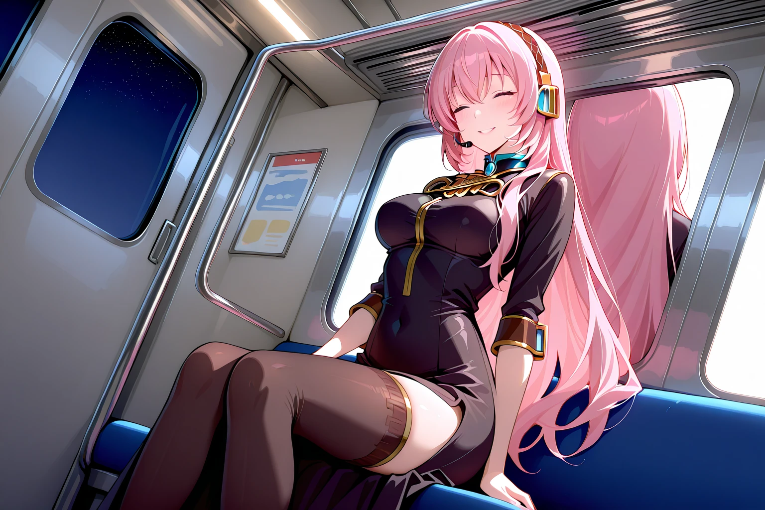 in the train,whole body,boots,nsfw,megurine_luka\(vocaloid\),8k,4k,best quality,masterpierce,BREAk,lift skirt,scool girl uniform,lift ribbon_trimmed_underwear,embarrassed,crotch