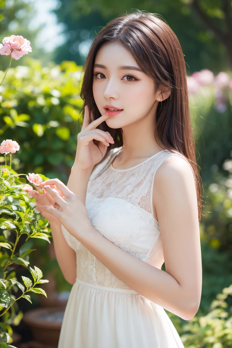 (Little girl: 1.5), lace, ribbon, hanfu, big breast, (masterpiece, side light, delicate beautiful gray eyes: 1.2), masterpiece, realistic, glowing eyes, shiny hair, black hair, long hair, shiny skin, solo, embarrassment, bandeau, delicate, beautiful, garden, flowers, fluttering petals,