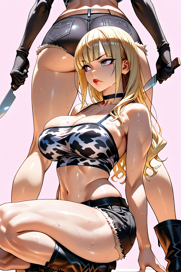 Sexy blonde girl with plump lips and big tits holding leash, has a fat ass, hour glass body, glasses, pink bows