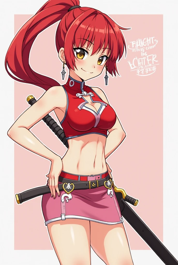 (Masterpiece), love live style, 1girl, black hair, ponytail,red tank top, white skinny pants, cleavage, brown elbow gloves, brown boots, sword 