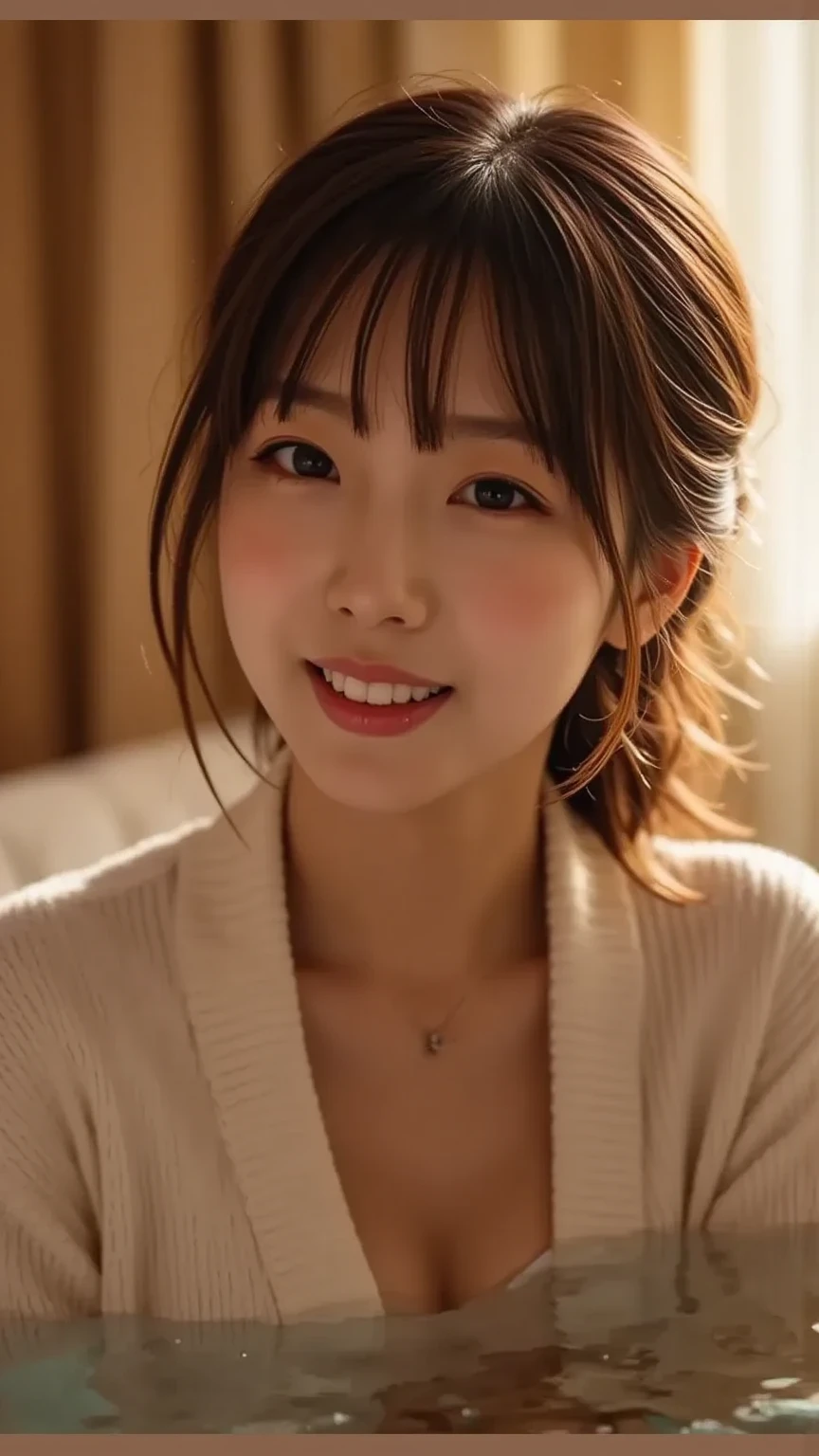 masterpiece,best quality,(Japanese girl),((Beautiful girl)),cleavage,(off shoulder:1.3),indoor,(perfect body beauty:1.2),(shy smile),beautiful teeth,From slightly above