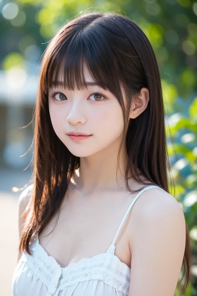 (Best-quality, Masterpiece, Ultra-High-Resolution, (Photorealistic:1.4), Raw Photo, depth of field, professional lighting, perfect anatomy, extremely details), 1girl, 15-years-old, the most famous Japanese idol, portrait, (((extremely cute and extremely realistic big-eyes))), (((extremely beautiful and extremely realistic skins))), innocent smile