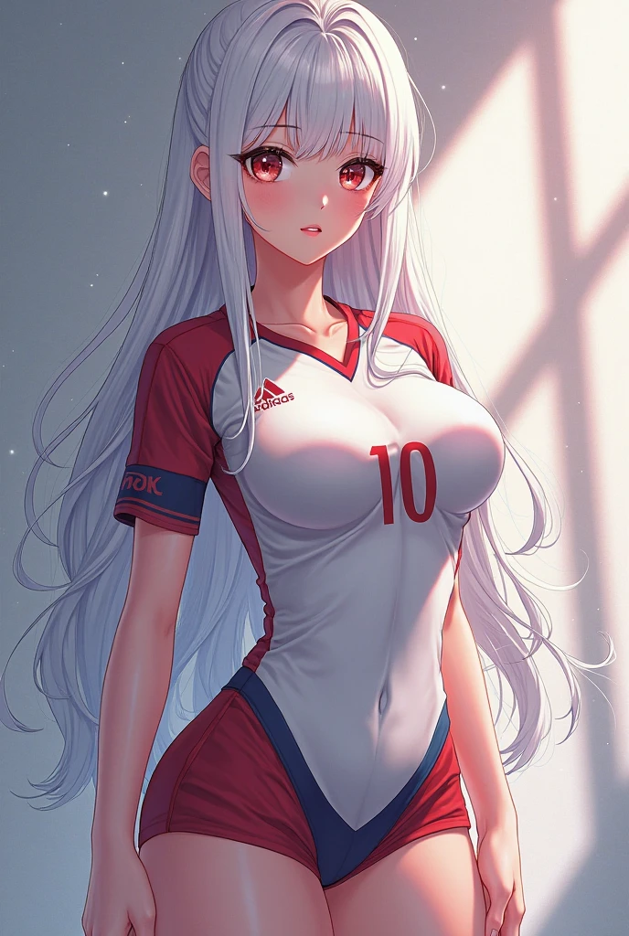 (best quality,4k,8k,highres,masterpiece:1.2),ultra-detailed,(realistic,photorealistic,photo-realistic:1.37),long hair,white hair,red eyes,big breast,big ass,sports uniform,beautiful detailed eyes,beautiful detailed lips,extremely detailed eyes and face,long eyelashes,vivid colors,portraits,sharp focus,physically-based rendering,studio lighting