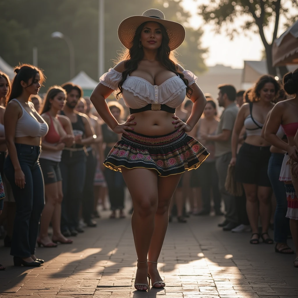 1girl, young, brown hair, smile, huge breasts, huge sagging, colorful bikini, colorful skirt, high heels, standing, stretched arms, (((extremely detailed hands))), looking away, crowded street, sunny day, lens flare, detailed sky, clouds, cityscape, intricate architecture, people in background looking at her, (detailed background elements), ((confetti)), warm lighting, (best quality, masterpiece:1.2), ultra-detailed, (realistic, photorealistic:1.37), full body view, candid camera, depth of field, cinematic, photorealistic, 8k, highres, anatomically correct, accurate, textured skin, award winning
