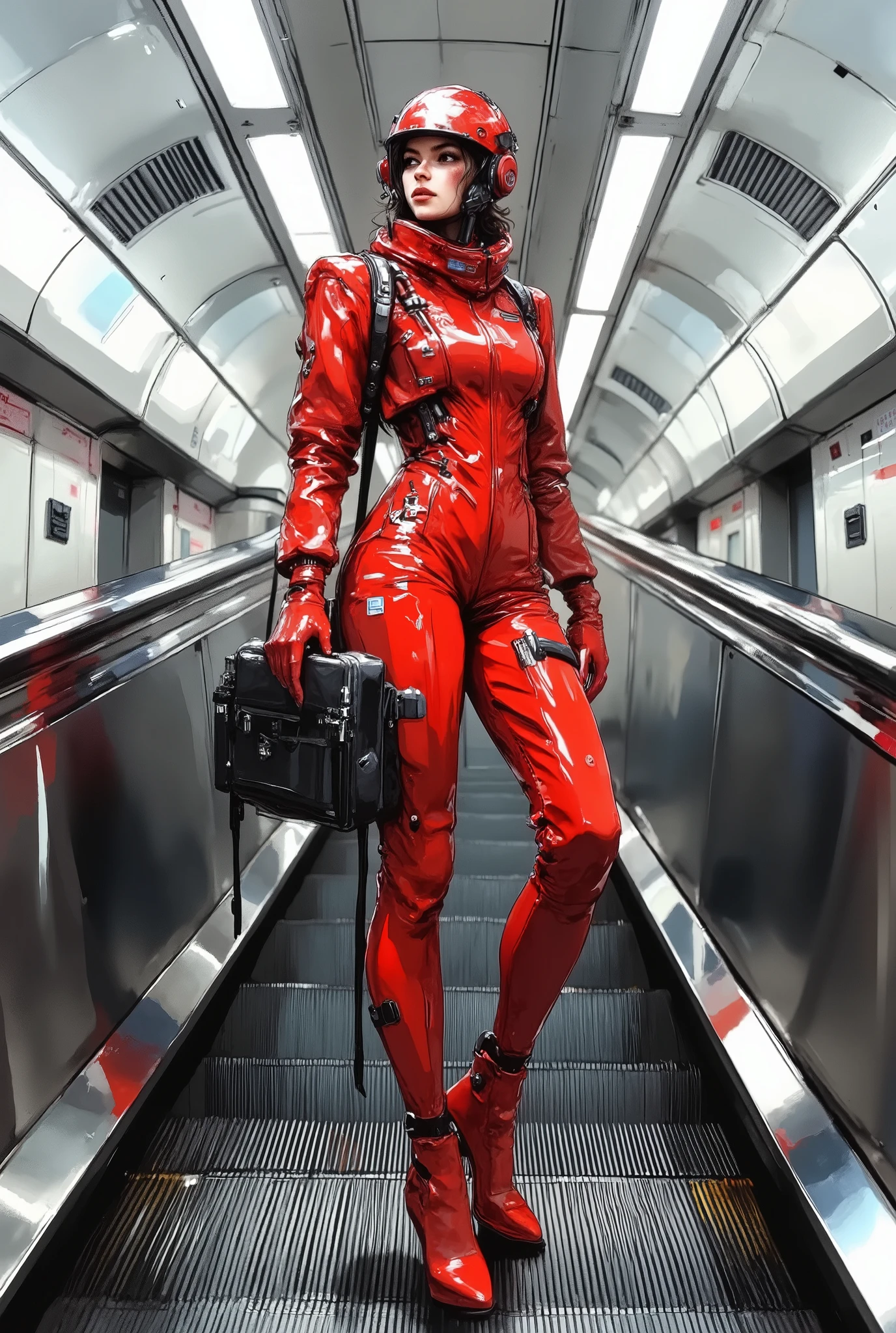 A young asthenic female astronaut in a glossy red, latex-like space cyber-futuristic spacesuit, glossy, mirrored helmet, about 20 years old. A confident, relaxed pose when standing on an escalator in the subway, with your hand on the railing, and looking slightly to the left of the viewer. Modern minimalist style. A city subway with a sleek metal escalator and modern architecture with a rounded light gray ceiling and stylish high-tech fixtures. Neutral lighting that accentuates the figure in an incredibly spectacular costume, with a lot of intricate details and the surrounding environment. Smooth, polished metal surfaces contrast with the fabric of women's clothing. Full-length shot, medium angle, low angle view, from a position located below the subject. Elegance, restraint, cool, modern mood create a stylish and sophisticated atmosphere. Focus on the woman, slightly defocus the background, emphasizing her.
