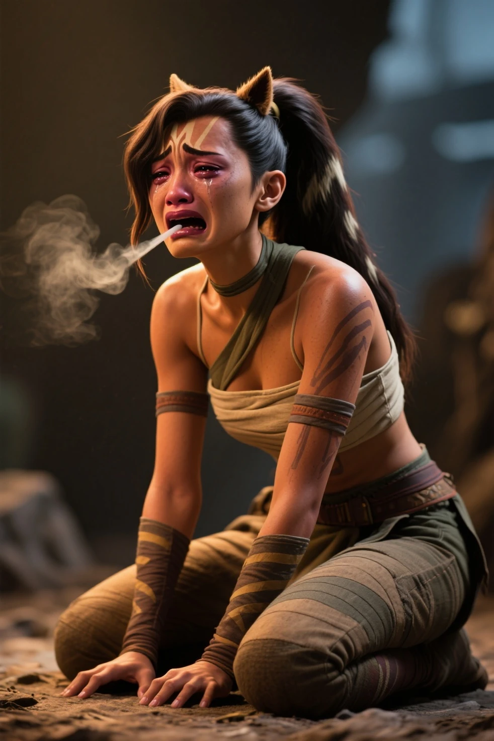 1girl, there is a girl with bandages sitting on a stool with blood on her hands, ((girl with bruises and blood on her face)), depth of field, cinematic lighting, reflection light, lens flare, f/4.0, 35mm, iso 200, textured skin, anatomically correct, hyper realistic, horror
