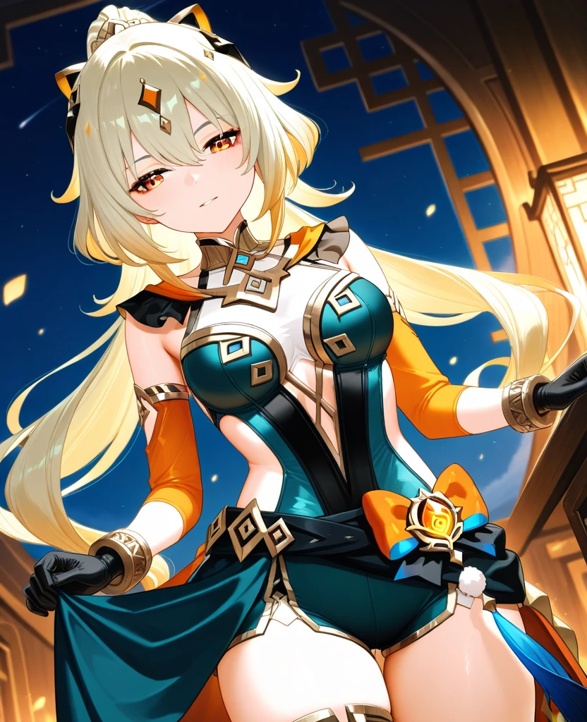 (masterpiece), best quality, expressive eyes, perfect face,1girl,navia,genshin impact,luxury house,dining room,gems in the air,(yellow magic wand),holding,holding wand,shy smile,blush,cowboy shot,glowing eyes,big breasts,cleavage,long hair,blonde hair,sapphire gems,twin tails,black hair ribbons,(criss-cross halter top),bare shoulder,(magical girl:1.4),(navel),(frilled layered skirt:1.3),(yellow skirt ribbons),thighhigh stockings,studio lighting,(sparkle:0.9),(glitter:0.9)