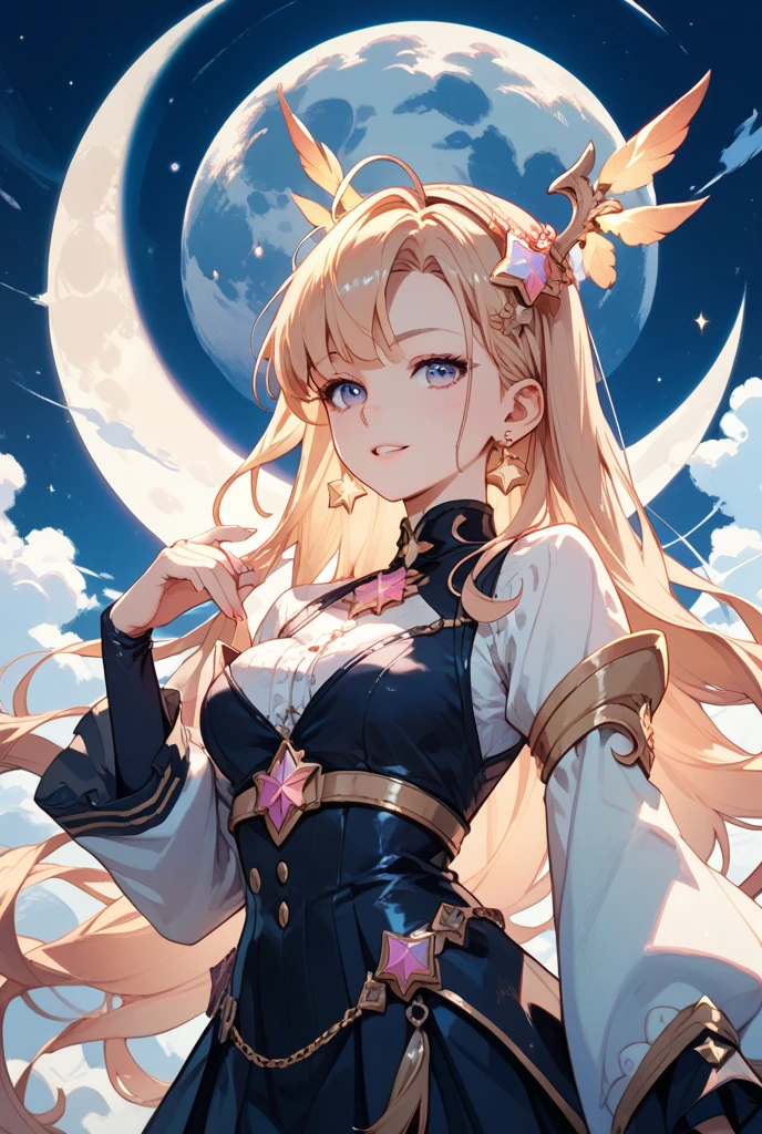 a beautiful 20 year old blonde woman with big messy hair laying on a cloud in the sky floating over a cityscape at night, twinkling stars and glowing moon, fantasy art style, rossdraws cartoon vibrant, cyberpunk, cute detailed digital art, colorfull digital fantasy art, digital fantasy art ), glossy digital painting, rossdraws pastel vibrant, rossdraws 2. 5, rossdraws 1. 0