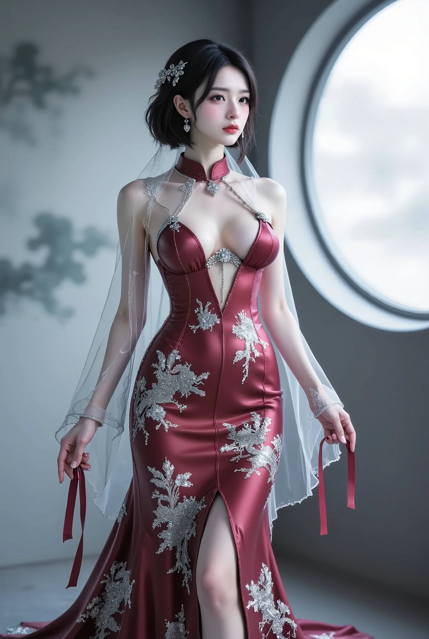 Alafed woman in black and red dress posing for photo, black and red silk clothing, elegant corset, Black and red dress, gorgeous woman, fantasy long intricate gown, stunning elegant, captivating and enticing, Cheongsam, wearing fantasy formal clothing, complex dress, Chinese dress, Elegant dress, corsets, sexy gown, intricate fantasy dress, Full dress