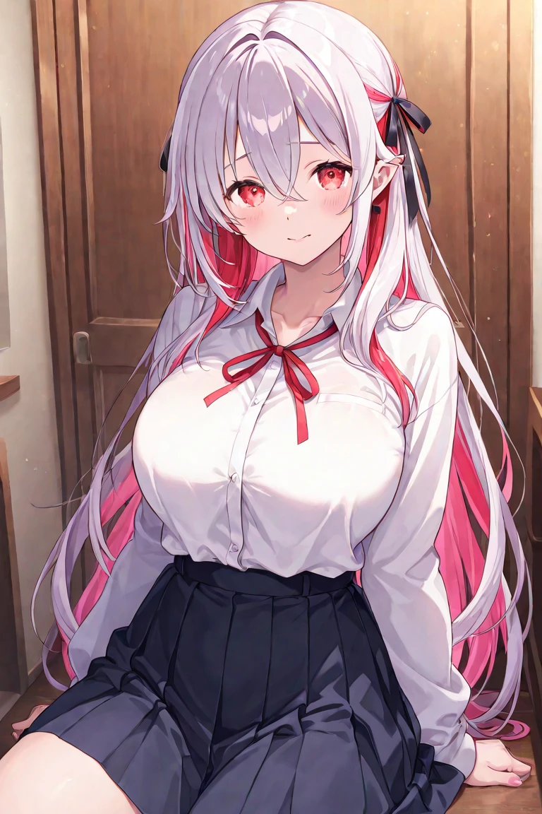 NSFW,masterpiece,Highest quality,High resolution,Very detailed,Joan of Arc Horta Santa Lily\(Fate/grandorder\),Gray Hair,Headpiece,Golden Eyes,Small breasts,school uniform,Dress shirt,ribbon,Checked mini skirt,Knee socks,Nightlife,Love Hotel,Sugar Daddy