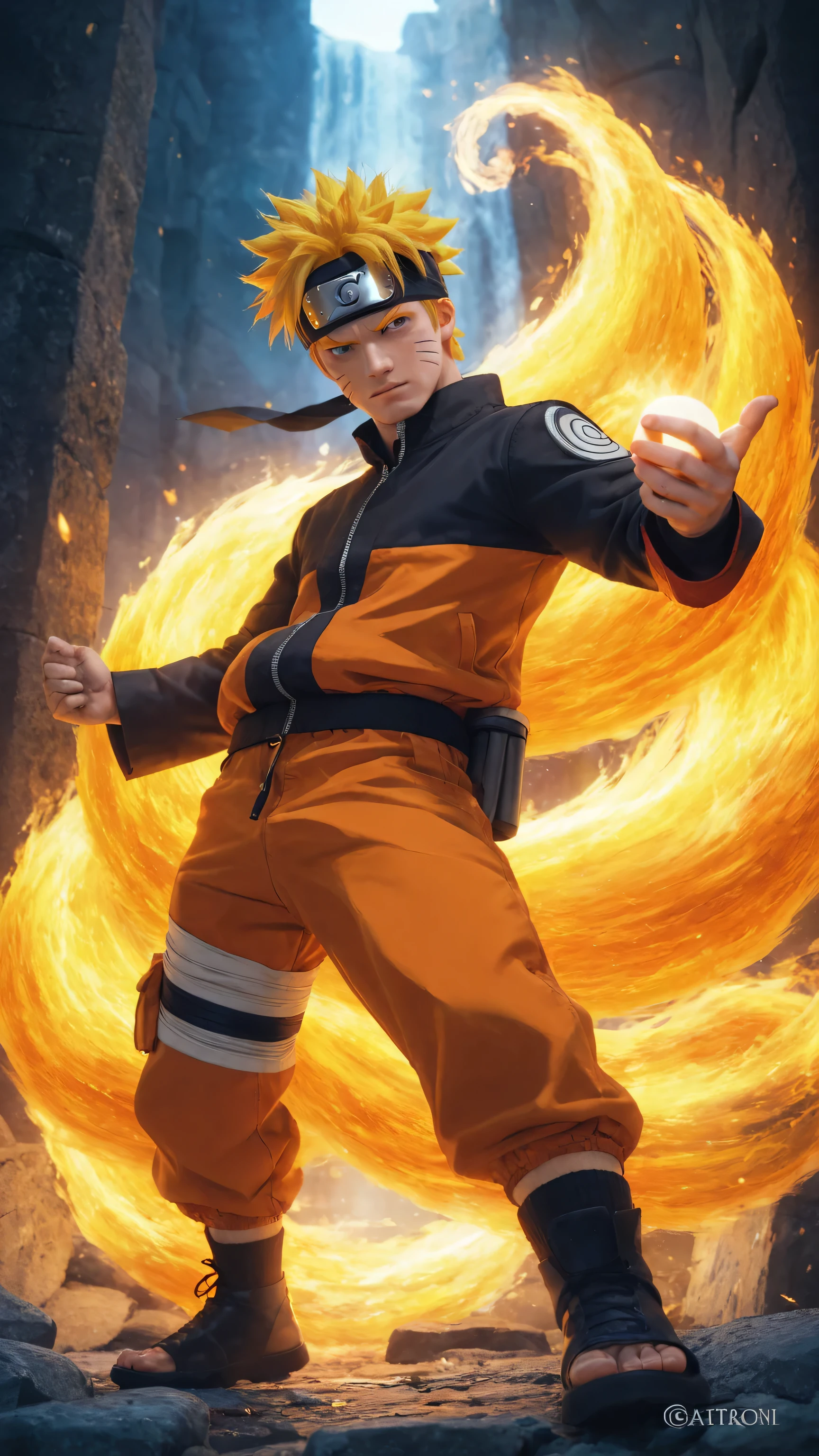 a man in a black jacket and orange pants holding a fire ball, badass anime 8 k, naruto uzumaki, naruto artstyle, from naruto, nine tails, fire!! full body