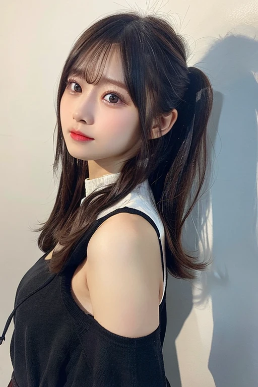 One person、11 years old、Full body photo,slender、woman、White drool coming out of the mouth、smile、、Twin tails、 Fair skin, messy hair, super cute、Soft and Face、8K resolution、Surreal、Ultra high definition、 A-cup small breasts((Highest resolution、8K、masterpiece:1.3))、Ultra-fine face、Ultra Fine Lips、Beautiful Eyes、double eyelid,Pink wall、Sleeveless black polo shirt、White Skirt、Thighs、thin,Thighsが見える、Shapely small breasts、sexy