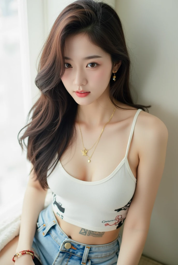 realistic photos of 1 cute Korean star, streaked hair, white skin, thin makeup, 32 inch breasts size, wearing gray crop top, sitting in the cowboy bar, upper body portrait, sparkle, UHD