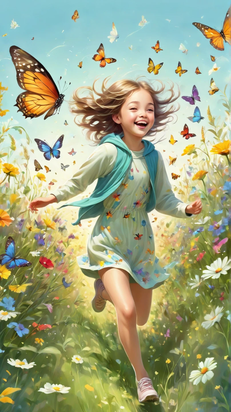 Floating, illustration, Joyful hood Memories, young girl, running through wildflowers, launching paper airplane, beaming with joy, countryside landscape, wildflowers, river, hills, clouds, paper airplane, carefree spirit, childhood, shallow depth of field, warm natural lighting