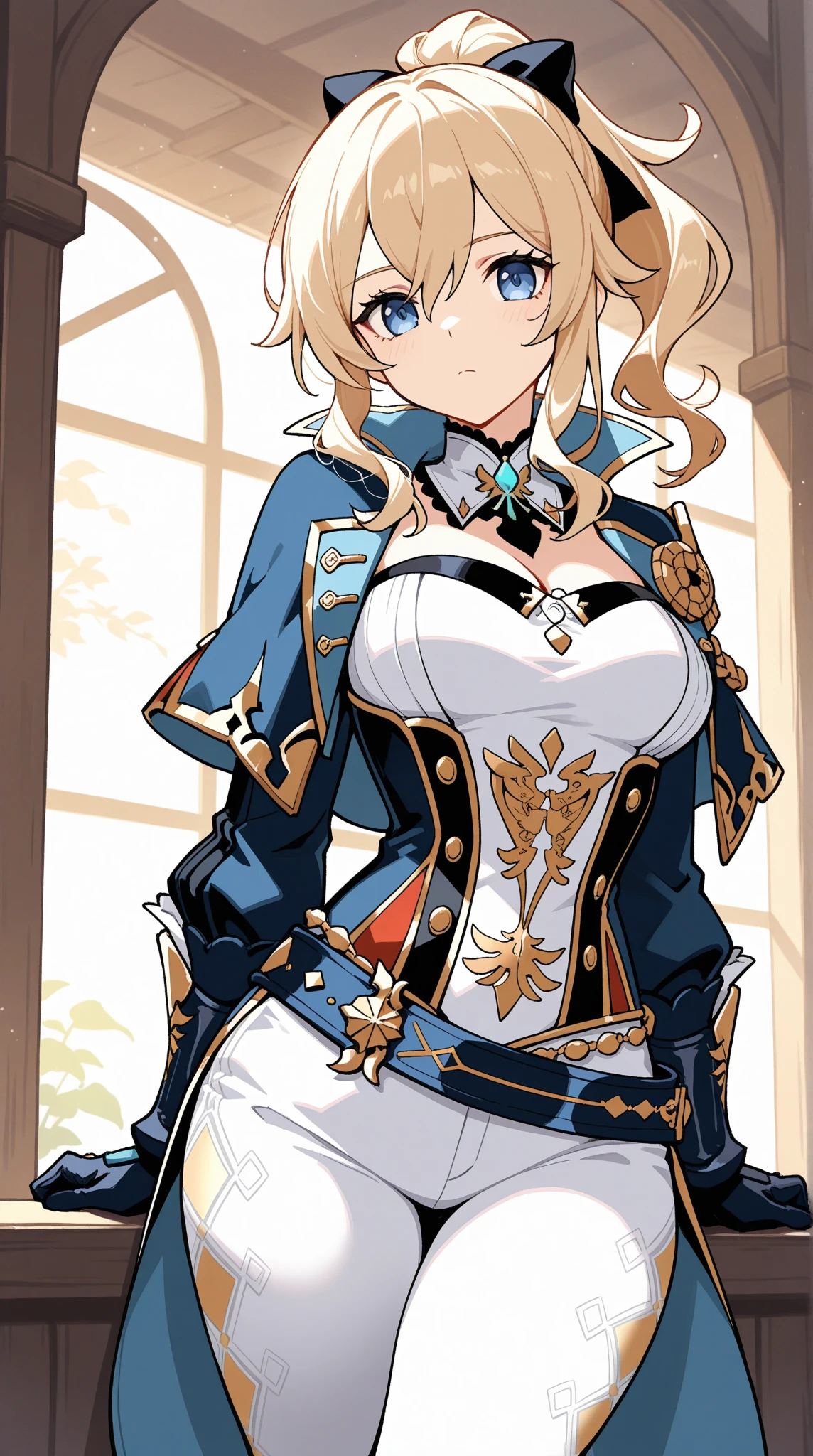 jeangunnhildr, <lora:jeangunnhildrv0.5-lora-nochekaiser:1>,
jean, blonde hair, blue eyes, hair between eyes, medium hair, ponytail,
BREAK black gloves, blue capelet, capelet, cleavage, corset, detached sleeves, gloves, pants, strapless, (white pants:1.5),
BREAK indoors, castle,
BREAK looking at viewer, (cowboy shot:1.5),
BREAK <lyco:GoodHands-beta2:1>, (masterpiece:1.2), best quality, high resolution, unity 8k wallpaper, (illustration:0.8), (beautiful detailed eyes:1.6), extremely detailed face, perfect lighting, extremely detailed CG, (perfect hands, perfect anatomy),