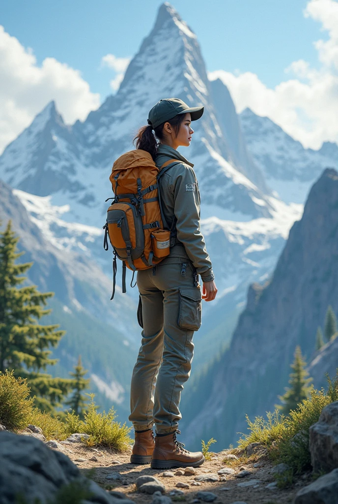 As a photographer and designer expert, I want you to envision and capture the essence of a 30-year-old man dressed in early 20th century garb, fearlessly traversing mountain trails with a backpack. Your task is to create a series of stunning photographs or design elements that showcase her adventurous spirit, the breathtaking landscapes she encounters, and the fusion of vintage fashion with the ruggedness of nature. Let your creativity shine as you bring to life this unique juxtaposition of time periods and evoke a sense of awe and wonder in the viewers. How would you compose the perfect shot to portray her strength and elegance amidst the untamed wilderness?