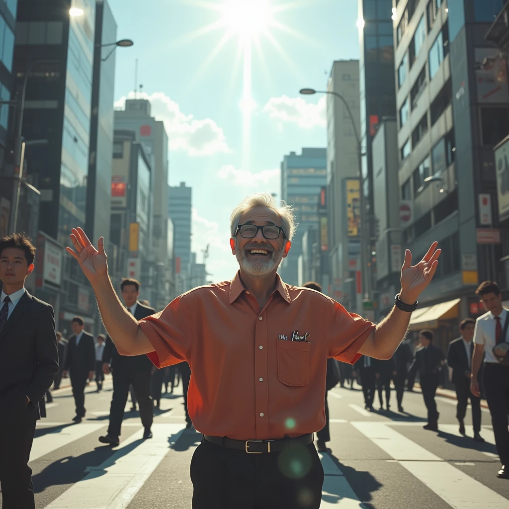 A 48-year-old blond man is photographed from the front doing the splits while completely naked。short hair。Shibuya Station。many spectators。