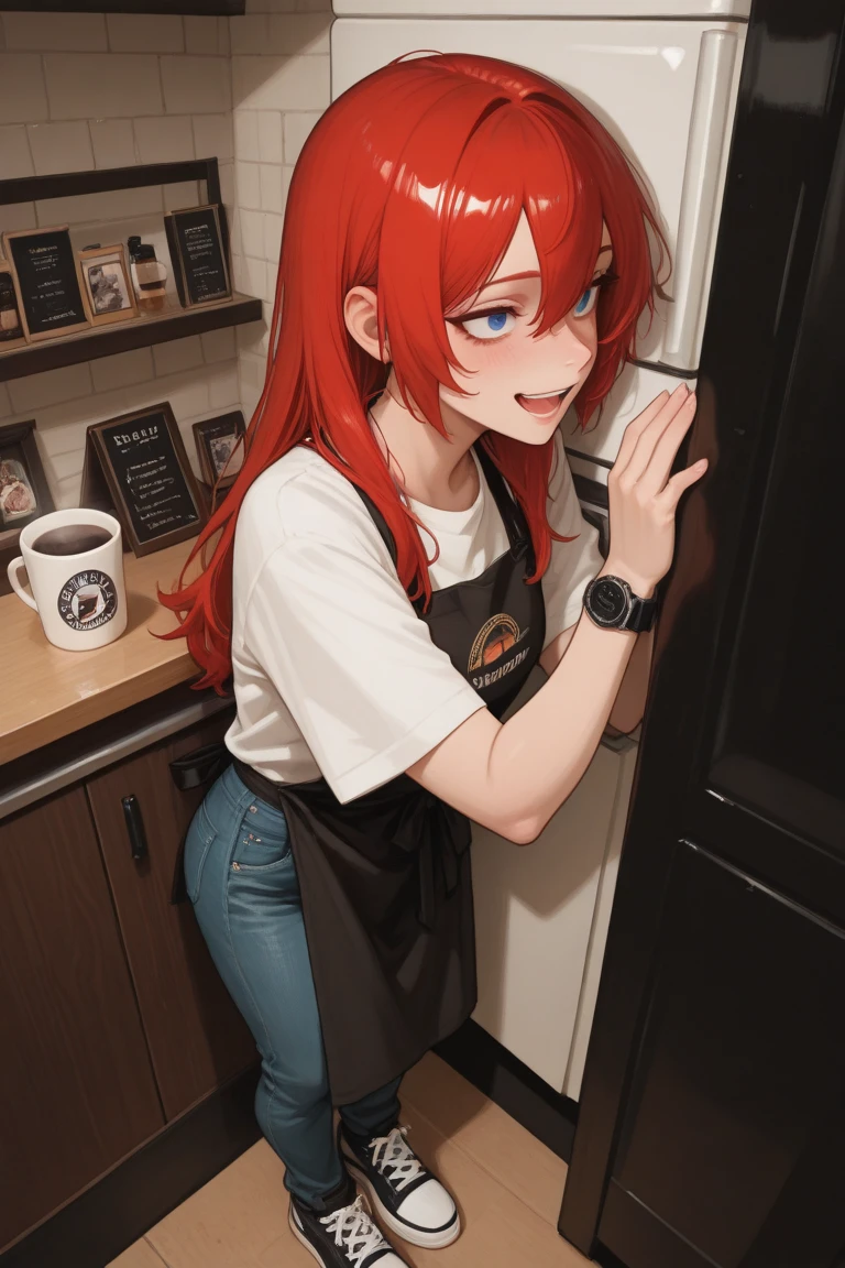 20 year old female, long orange hair, messy hair, ponytail, perfect eyes, perfect blue irises, perfect pupils, thick thighs, oversized shirt, black shorts, oversized backpack, many ear piercings, doing dishes, blushing smile, apartment kitchen, otaku, standing in front of sink, highly detailed, best detail, best hands, right forearm tattoo, perfect tattoo, perfect hands, perfect fingers, perfect anatomy