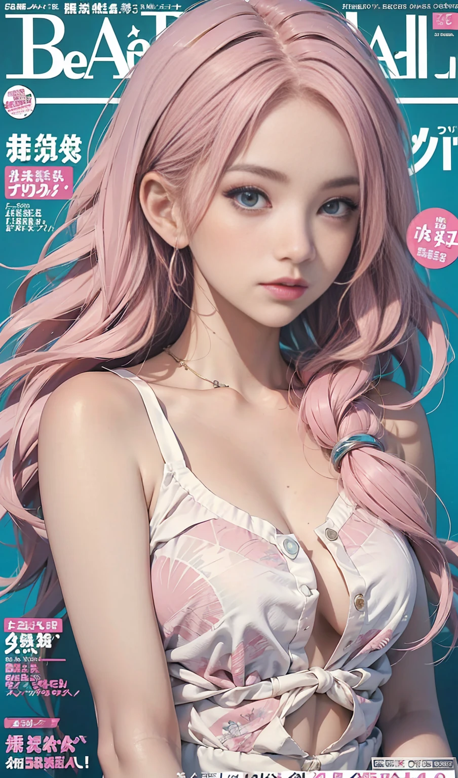Best quality, Works of masters, A high resolution, 1girl, Super beautiful face, super beautiful eye, Super beautiful pink hair,(MagazineCover:1.2),Trendy outfits,Expose shoulders,(Beautiful nipples),(A beautiful girl),(A beautiful girl with a slim figure),