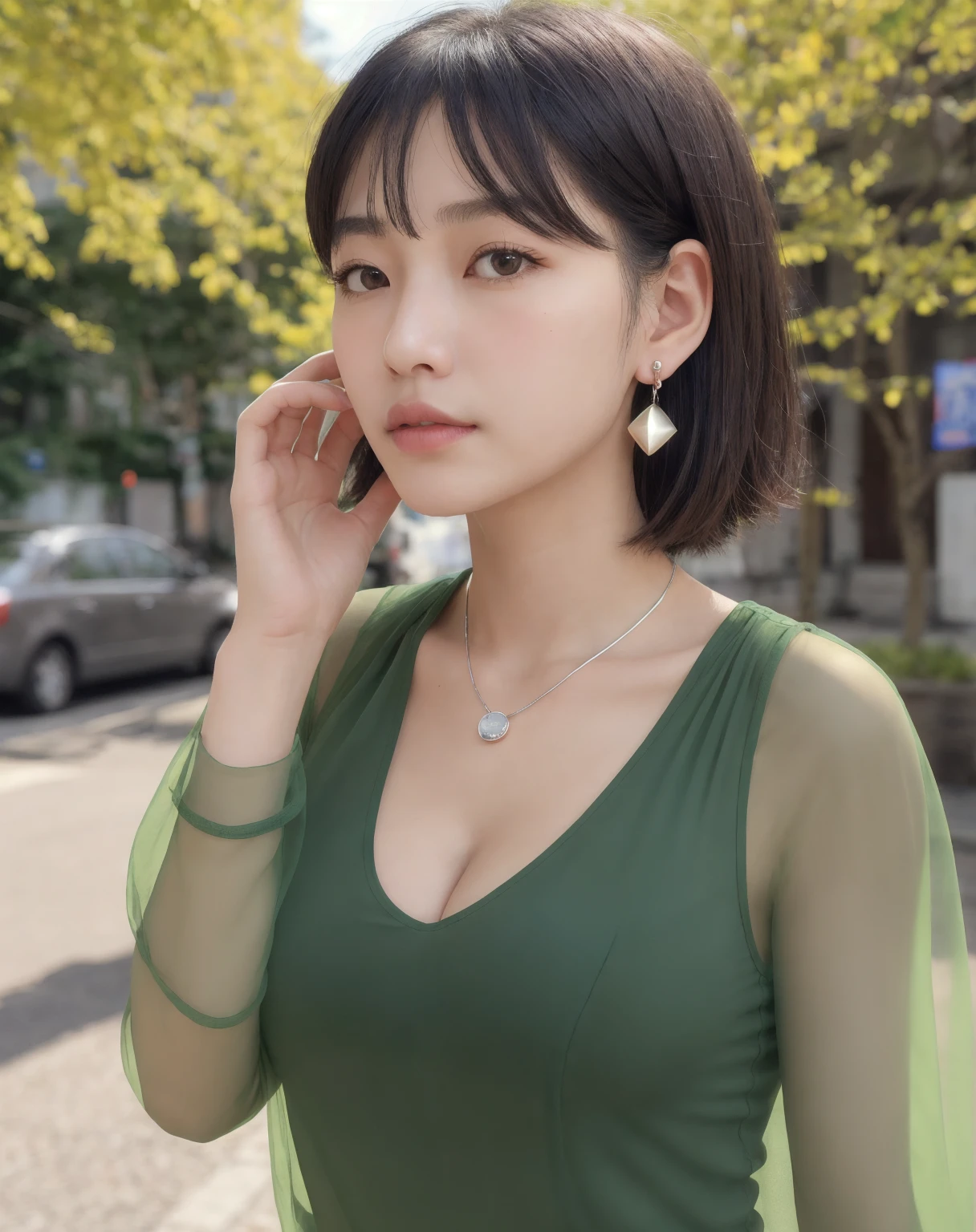 fubuki,,fubuki (One Punch Man),1 girl,big breasts、Green Long Dress,collar、long sleeve、pearl necklace、Beauty、long sleeve、collar、beautiful woman、beautiful face