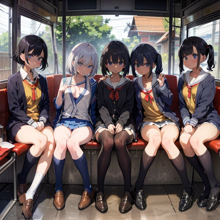 highly detailed skin, highly detailed face, (beautiful detailed eyes, the girl smiles, red cheeks), (three girls sit side by side), The girls are cute 18-year-old schoolgirls, ((no panties, beautiful pussy, thin pubic hair)), (Not wearing a bra, small breasts, naughty breasts, cute nipples), ((black loafers)), girls are slender, high school school uniform, Short pleated skirt, Mr.々hairstyle, Mr.々hair color, cute hair ornament, train seats, ((Photographed from a little below so that the girls' whole bodies can be seen)),