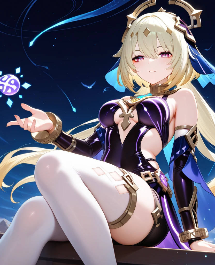 (Highly detailed CG), (Highest quality),(full body)，(( Squat，Spread your legs，Strike a Pose)),1 Girl,alone, Grey Eyes,Long Hair, Blonde,Purple Dress,Wide white sleeves,Purple ribbon,Purple Stockings,hair ornaments,Bare shoulders,Removed sleeve, Black gloves, Blunt bangs, Magical girl, Perfect Face,  Shiny skin, Shiny skin, Wide Hips,Tight waist,Knee-high boots，Elbow Bag,1 Girl, Long Hair, Big Breasts，Thick thighs，sunset，Octane，
