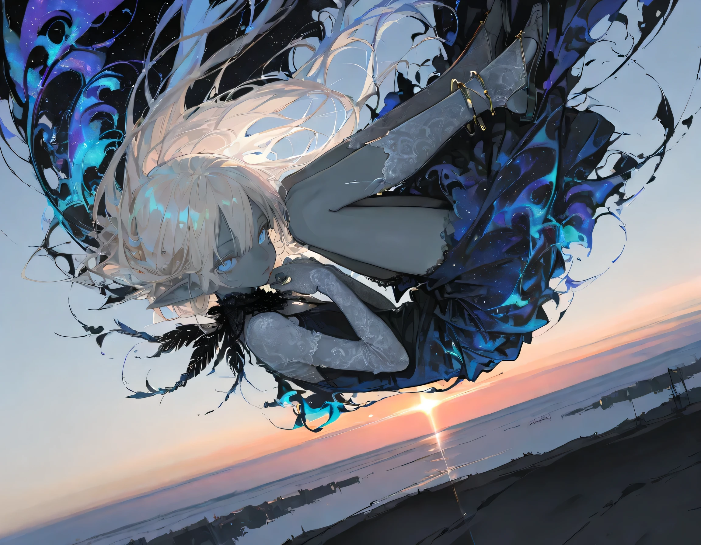 {{{masterpiece}}}, {{{best quality}}}, {{ultra-detailed}}, {illustration}, {{an extremely delicate and beautiful}},(beautiful detailed eyes),(levitating girl,toddler,,elf,gray skin,solo,Expressionless),(masterpiece, Best Quality, Very detailed, characters),,(),(,long hair,beige hair,blue eyes, beautiful jewelry),(sandals,long nails:0.6),(skinny body),(full shot),lace long skirt,lace long sleeve dress,(),,from above,(background sky,horizon), , ,(moody lighting, underlighting, sharp shadows),anklet,(Twilight),(lace long gloves),feather,(tailwind),lace scarf, fetal position, , r17329_illu, cosmic sky, upside-down face, falling down, bWlua, colorful, abstract, looking at viewer,  lips, 