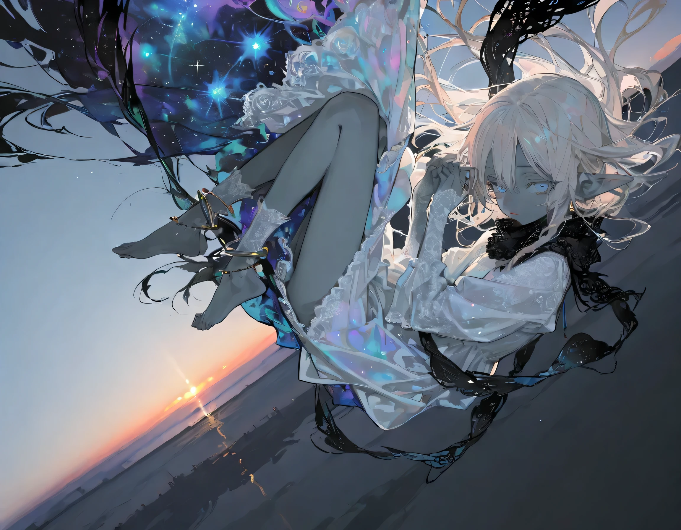 {{{masterpiece}}}, {{{best quality}}}, {{ultra-detailed}}, {illustration}, {{an extremely delicate and beautiful}},(beautiful detailed eyes),(levitating girl,toddler,,elf,gray skin,solo,Expressionless),(masterpiece, Best Quality, Very detailed, characters),,(),(,long hair,beige hair,blue eyes, beautiful jewelry),(sandals,long nails:0.6),(skinny body),(full shot),lace long skirt,lace long sleeve dress,(),,from above,(background sky,horizon), , ,(moody lighting, underlighting, sharp shadows),anklet,(Twilight),(lace long gloves),feather,(tailwind),lace scarf, fetal position, , r17329_illu, cosmic sky, upside-down face, falling down, bWlua, colorful, abstract, looking at viewer,  lips, 
