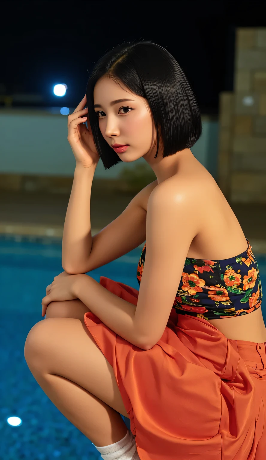 NSFW((midynight, Need, 8K, tmasterpiece:1.3)),(best quality,realistic:1.4), Original Photo, 1Girl,wearing vibrant colored dresses,focus on small round breast,sexy pose,in a color pastle dress,ariola, low cut dress, sakimichan, color pastle dress,with floral design,wearing color pastle dresses with floral design,(night scene1.3)),Cinematic Lightingintense gaze, sexy pose:1.2), seductive eyes,short black hair,powerful presence,sharp focus,soft lighting,vivid colors,warm color tones,subtle shadows,impeccable details,realistic skin texture,crouching