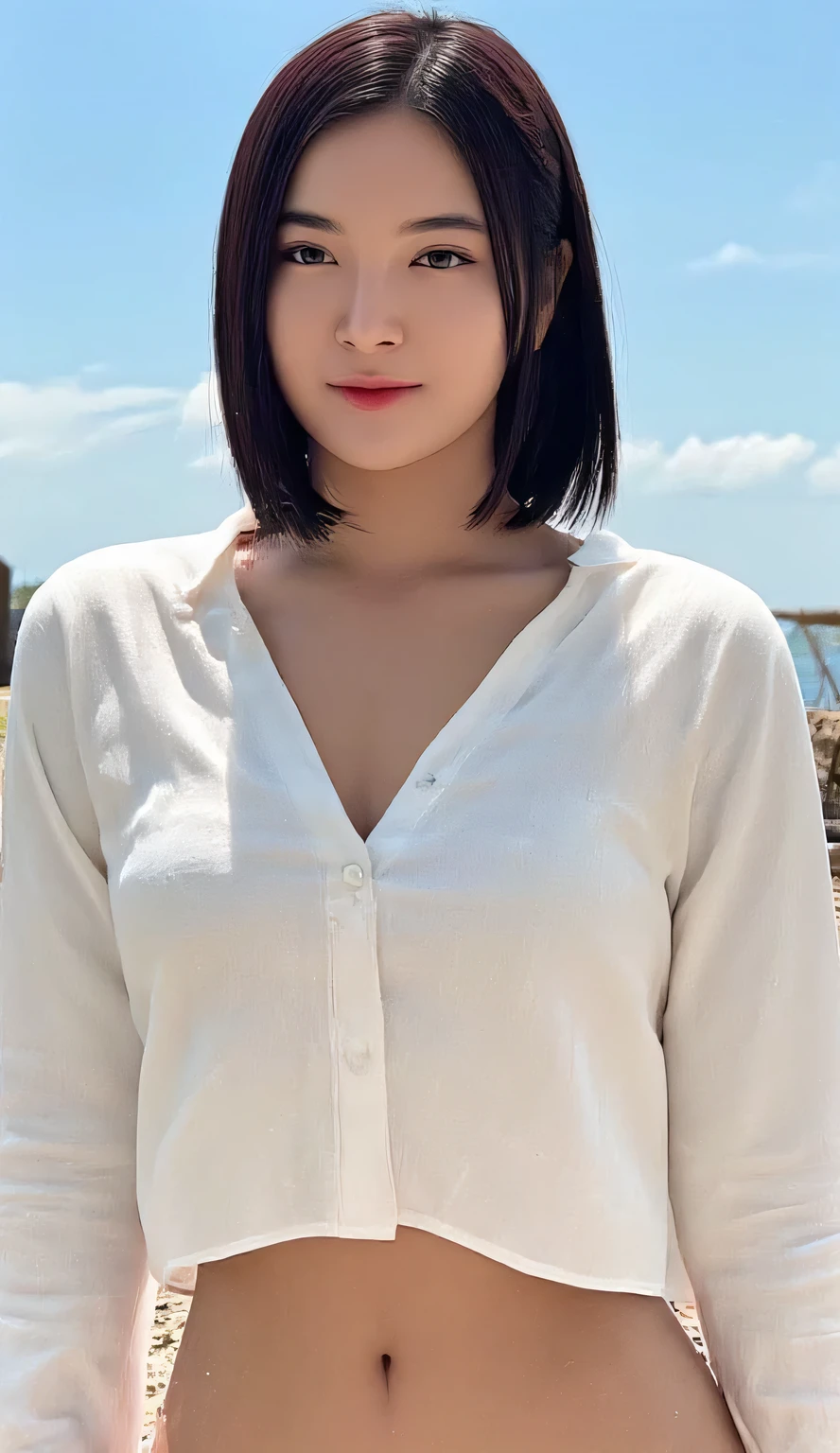  Japanese women、 slender figure、 beautiful skin in NFSW、 shows the whole body、 top quality 、 flat chest、 small breasts、wet t-shirt,white shirt、nipples,in the beach、Glaring at the camera