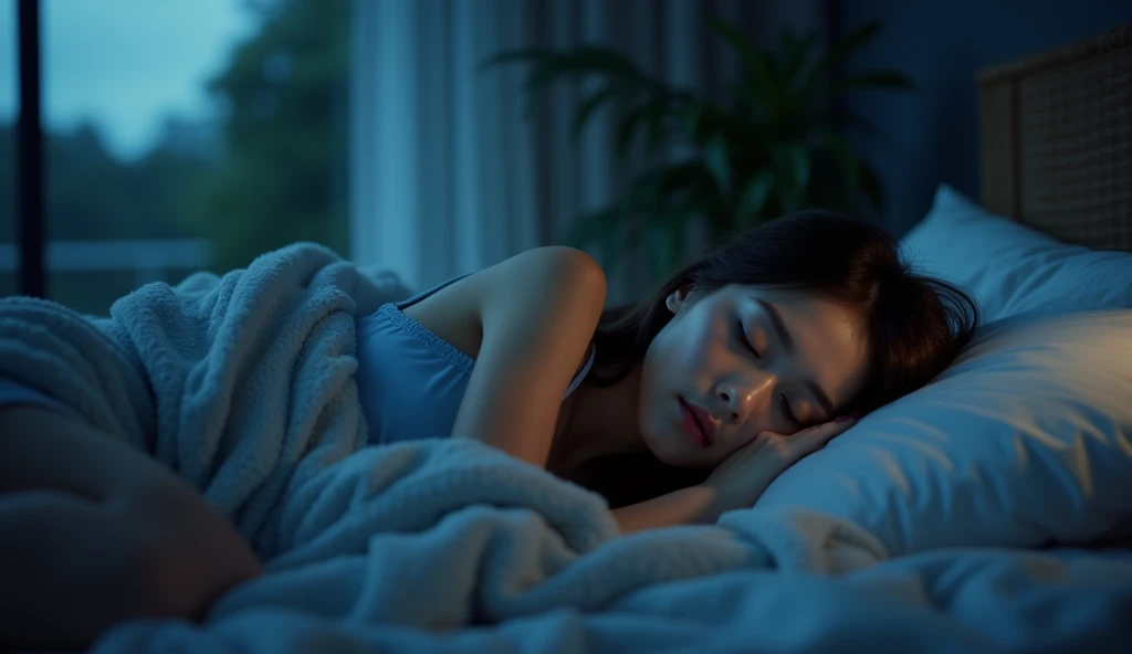 moonlit glow,Blue Moon,At the window, On the bed, A girl with,Sleeping,Realistis,a photo of