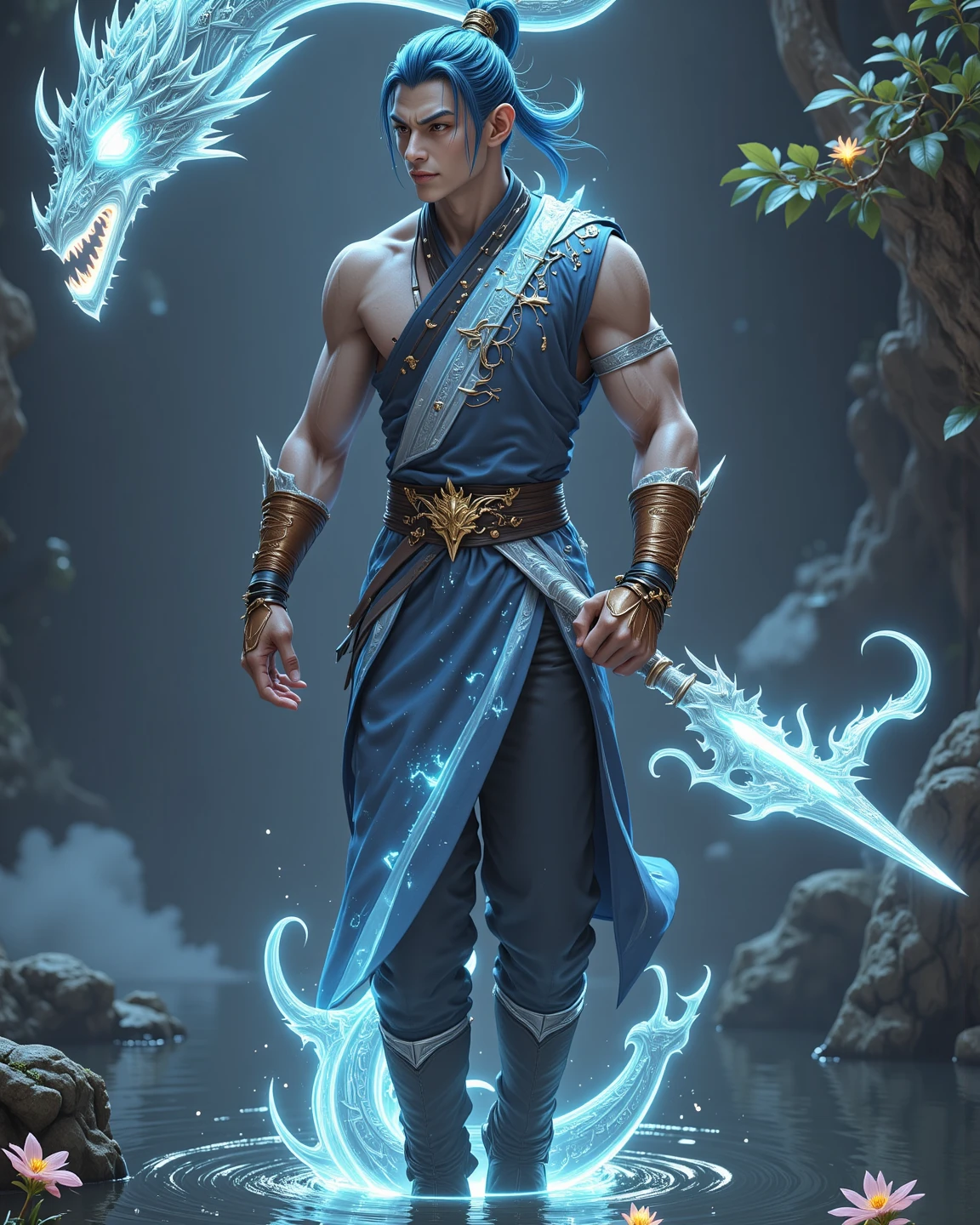 blue hair, muscular man, monk battle outfit with glowing runes, punching air pose, azure colored mists around him, mountains, anatomically correct, masterpiece, super detail, 8k