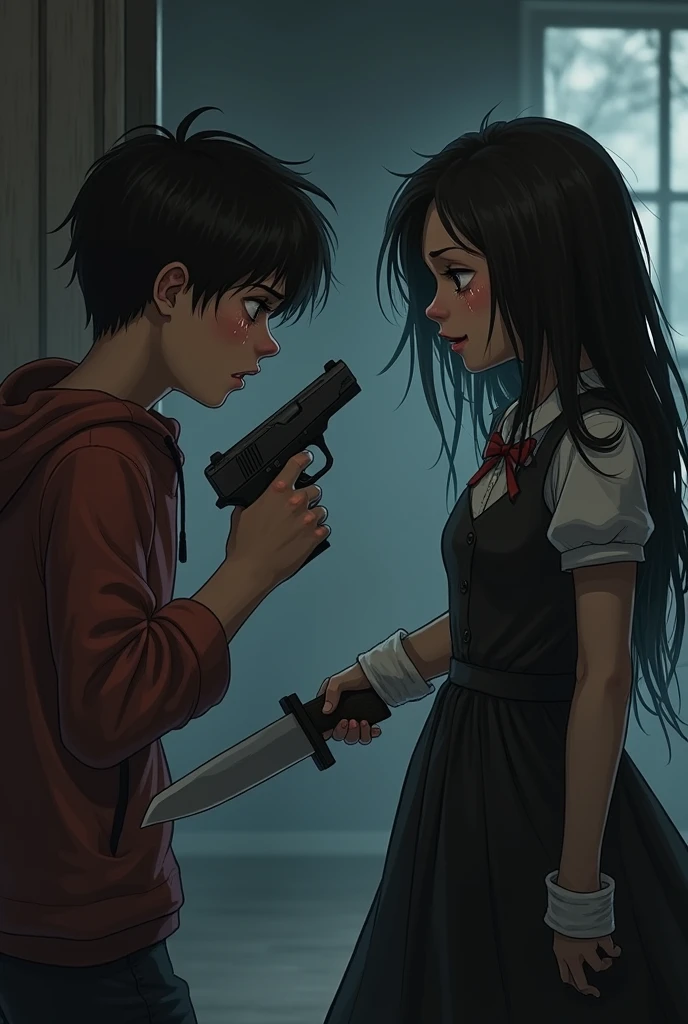 Girl seating on man's chest and holding knife