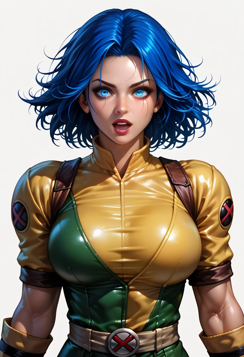 (Full portrait lone (Salma Hayek) as (Bulma:1.4 from DragonBall), (cleavage (large breasts), (stylish bob haircut), crop-top, (micro-skirt), pantyhose)1.2 (dressed as Sexy BadAss), training to fight, front view, (high detailed skin:1.2)(realistic pupils,realistic iris:1), 8k uhd, aqua_hair)1.1, (vhs effect, (poster:1.6), poster on wall, nostalgia, movie poster, (skin texture), intricately detailed, fine details, hyperdetailed, raytracing, subsurface scattering, diffused soft lighting, shallow depth of field, by (Oliver Wetter)),  (Portrait full face focus)1.5