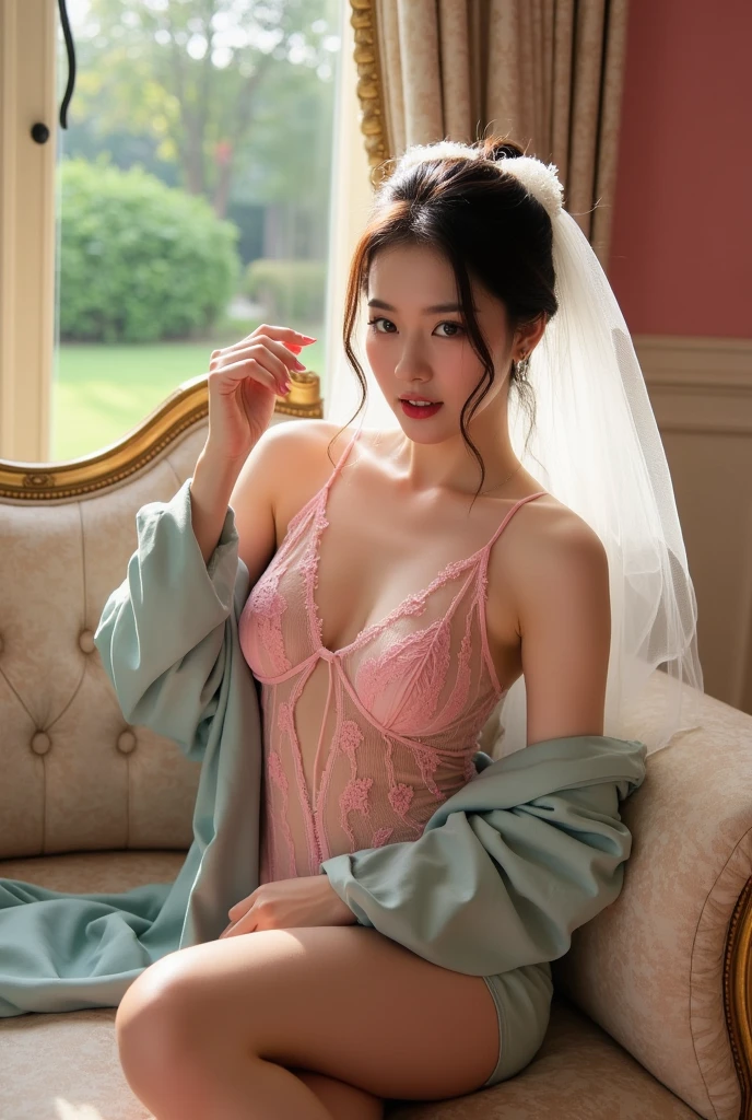 pink lace thong&Good, (((Very elegant and beautiful, Perfect detail, Super detailed))), whole body, The most detailed girl, Depth of written boundary, 美しく詳細なwhole body, Thin legs, 1 girl, 30 years old, Very short hair, Spiked Hair, Gray and silver hair, Beautiful detailed hair, Perfect Face, Expressionless, Beautifully detailed deep eyes, Open your mouth a little, Delicate arms and hands, Pale skin, Earrings, Beautiful and gorgeous necklace, Colorful background, HD background, Blurred Background, Very delicate and beautiful, Masterpiece, (((Highest quality, Very beautiful 8K CG wallpaper))), (((Trendy hairstyles))), (Inside the room,Stylish interior,window),
