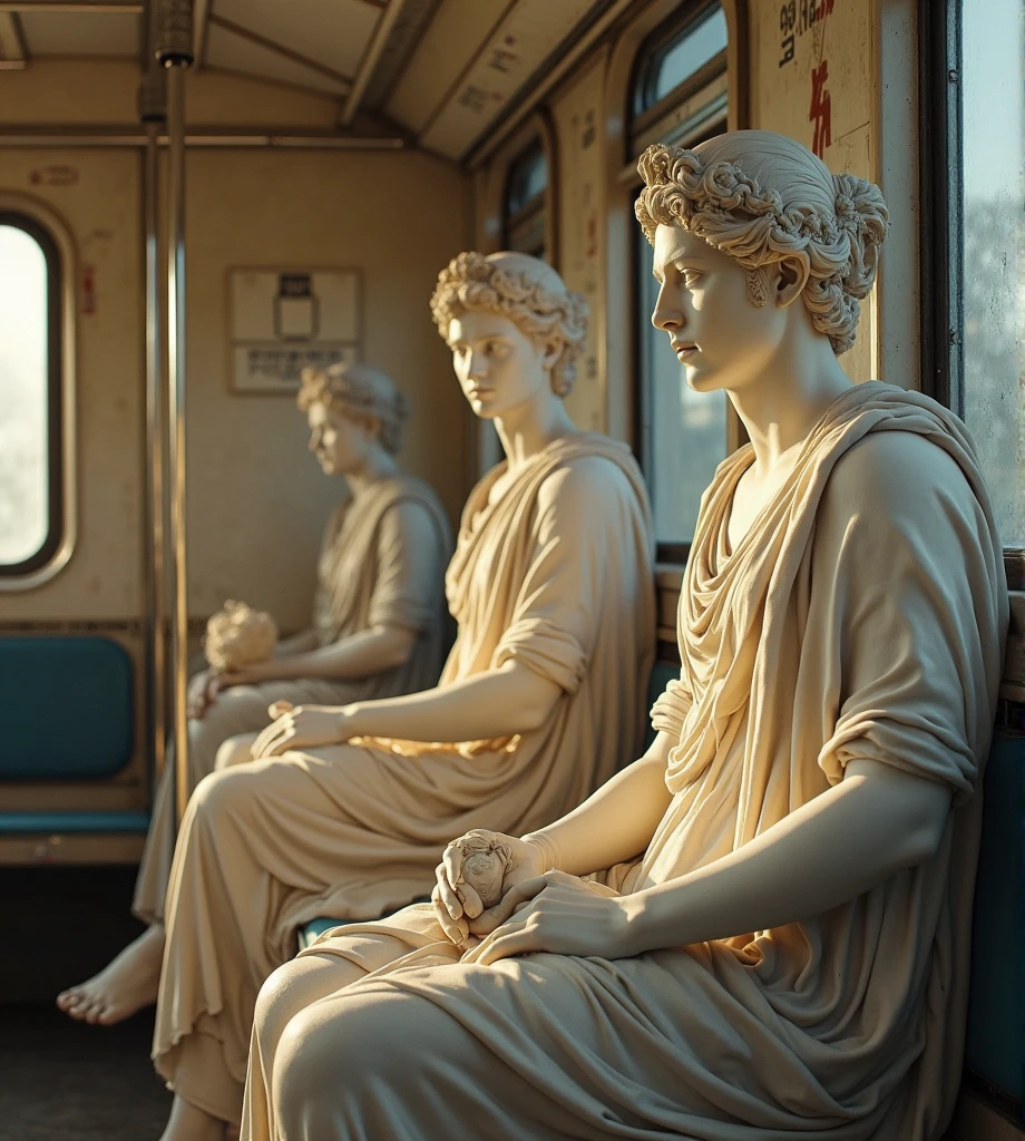 Greek marble statues sitting in a very crowded subway train during rush hour, commuting, sad expressions. intricate details, photo taken on Hasselblad, creative photoshoot, unreal render 8k