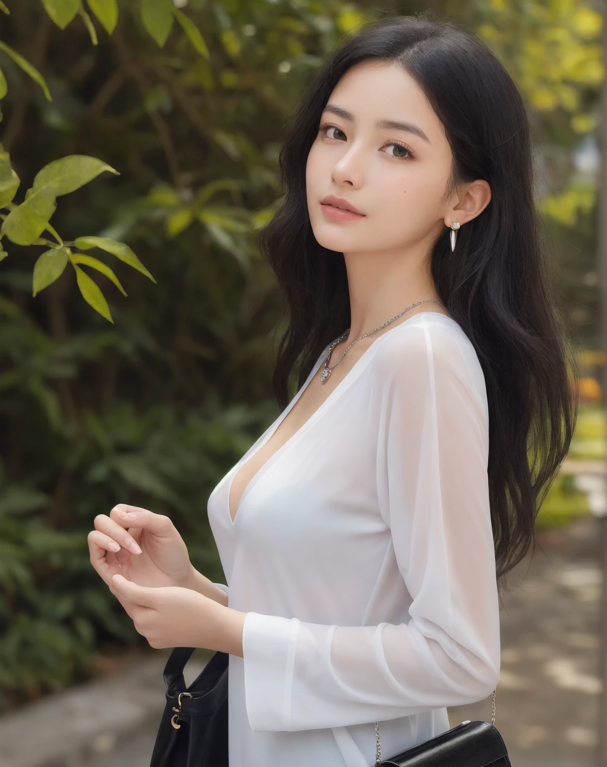 Fashion model 20 years old [[[[closeup cleavage]]]], [[[[boobgasm]]]], [[[[coll]]]], [[[[bshoulders]]]], perfect  eyes, Perfect iris，Perfect lips，perfect teeth，Perfect skin，with fair skin，Long face，slender nose，Soft front light，hdr，Movie girl，long whitr hair，Long hair with a shawl，period costume，Hanfu，The background is outdoor，Flowers and greenery，（pastel colour：1.2）