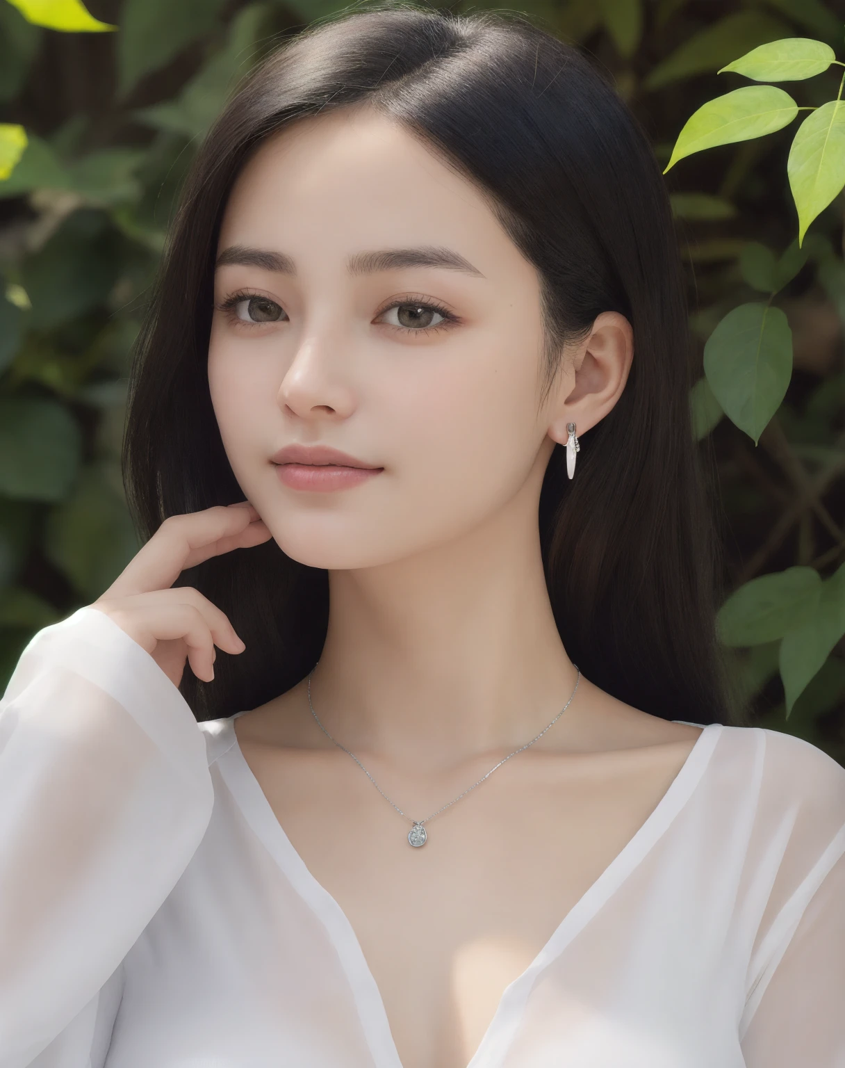 best quality，masterpiece，high resolution，HD，Delicate face shape，Korean beauty，music producer，beautiful necklace，Women&#39;s white suit(Reveal body curves），Small waist，Brown low ponytail，Sophisticated makeup，beautiful lipstick，full-body shot，True Body，26 years old