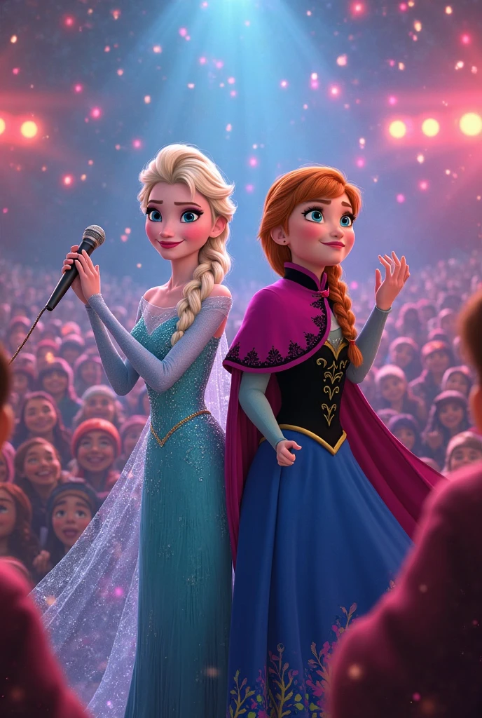 rapunzel, snow white, cinderella, moana, Elsa and Anna dancing at a really cool party around Olaf who is embarrassed 